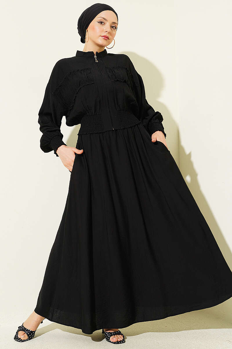 Zip-Up Two-Piece Skirt Set with Piped Waist - Black