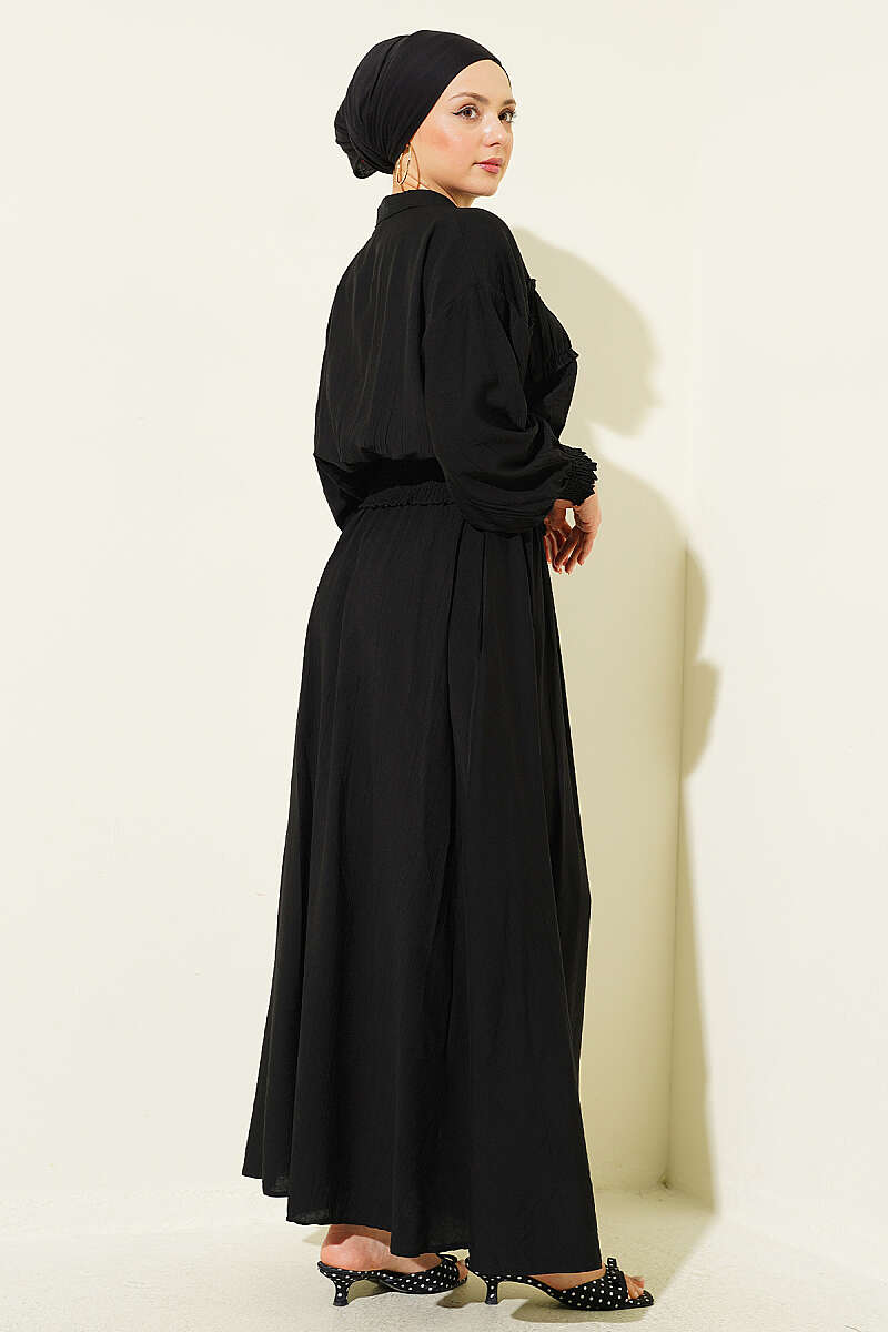 Zip-Up Two-Piece Skirt Set with Piped Waist - Black