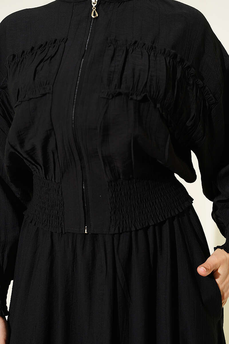 Zip-Up Two-Piece Skirt Set with Piped Waist - Black