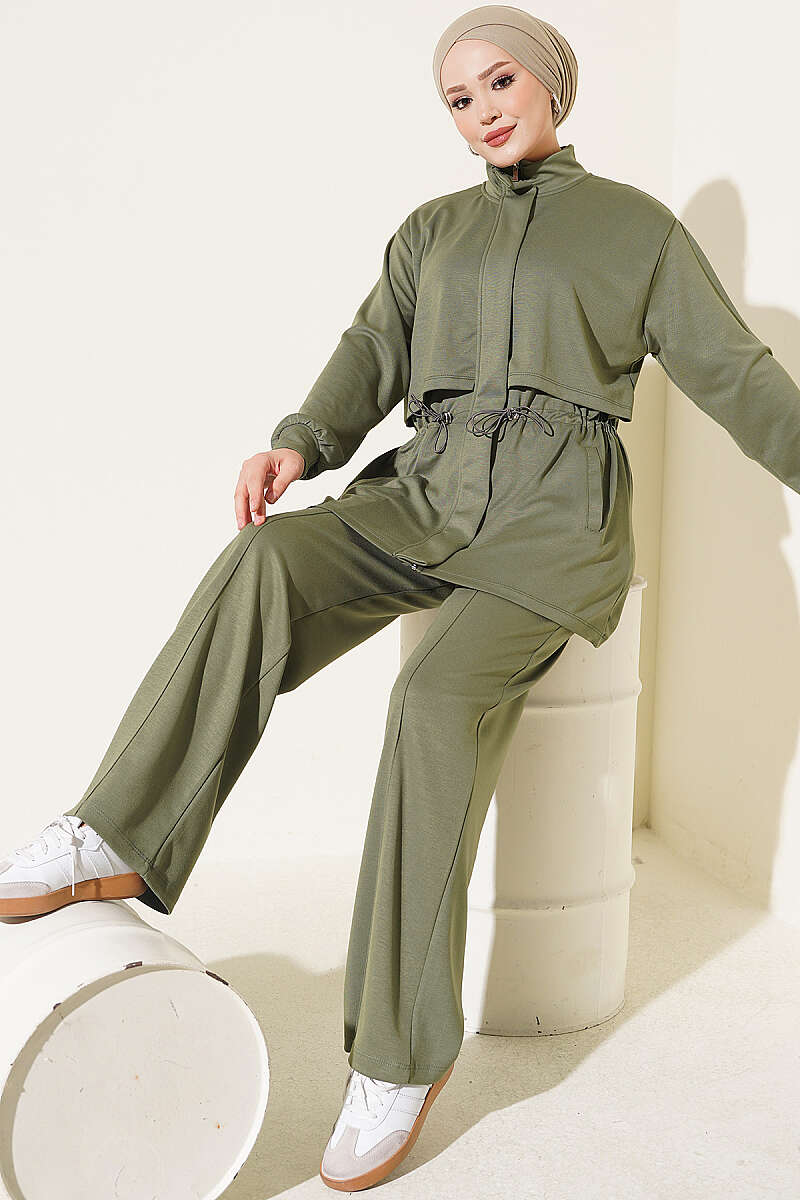 Zip-Up Two-Piece Set with Elastic Waist - Khaki