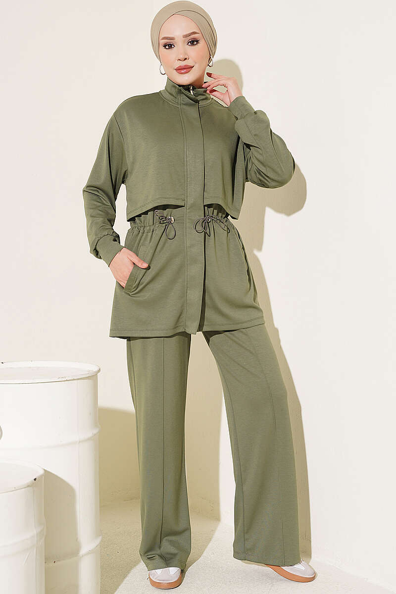 Zip-Up Two-Piece Set with Elastic Waist - Khaki