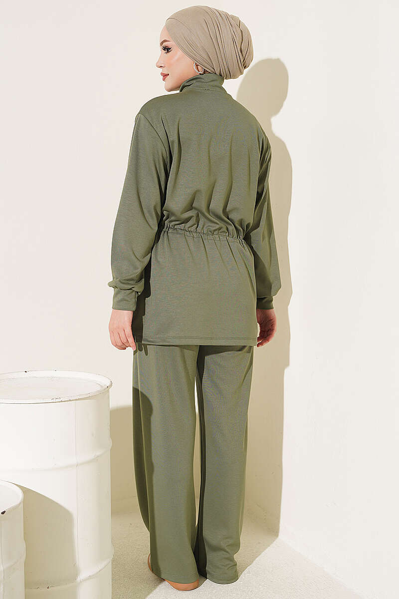 Zip-Up Two-Piece Set with Elastic Waist - Khaki