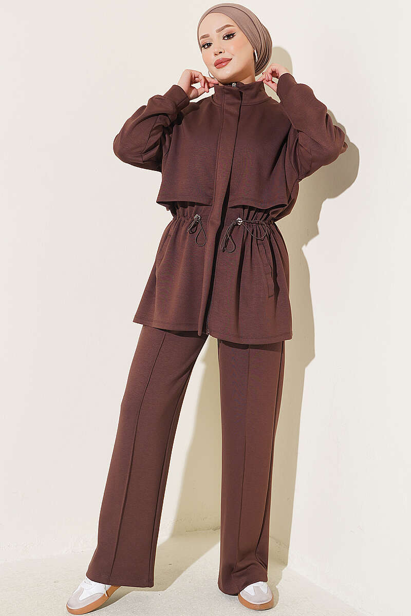 Zip-Up Two-Piece Set with Elastic Waist - Brown