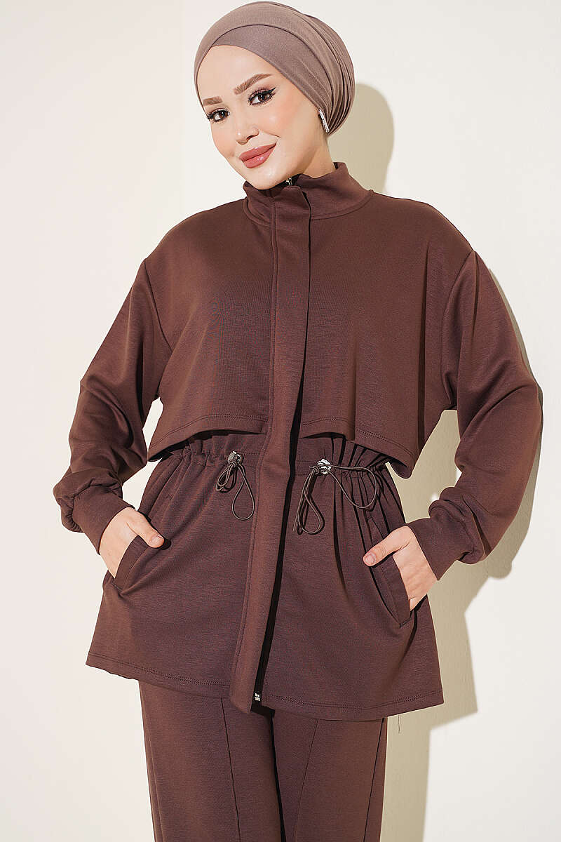 Zip-Up Two-Piece Set with Elastic Waist - Brown