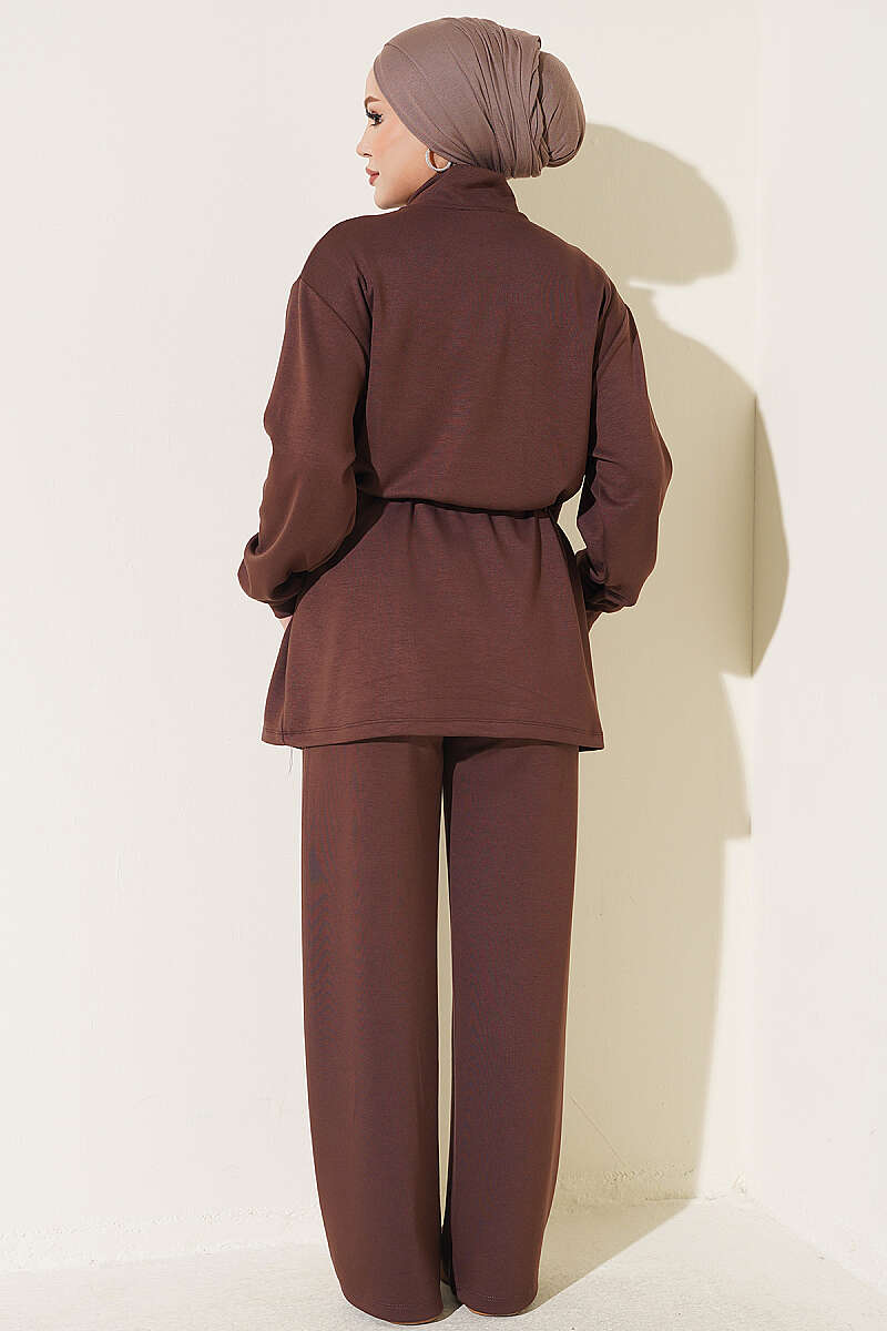Zip-Up Two-Piece Set with Elastic Waist - Brown