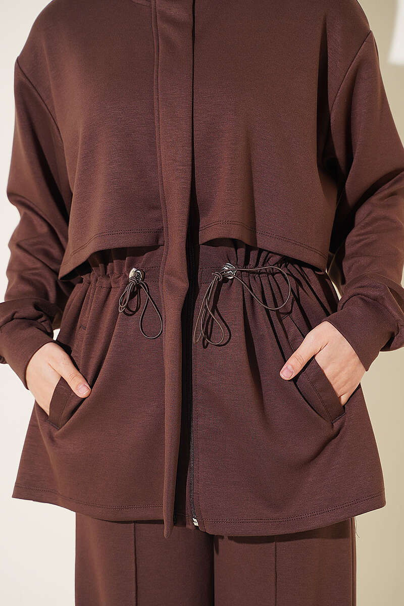 Zip-Up Two-Piece Set with Elastic Waist - Brown