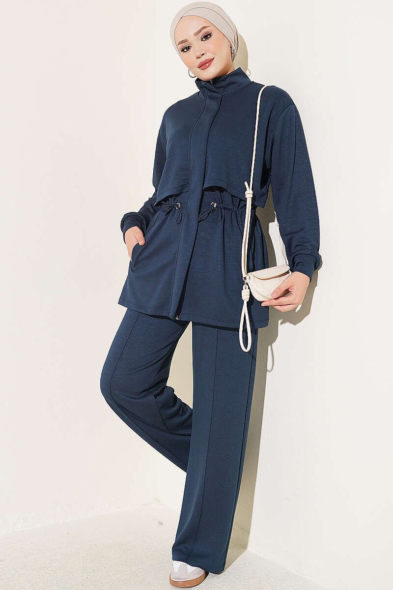 Zip-Up Two-Piece Set with Elastic Waist - Navy