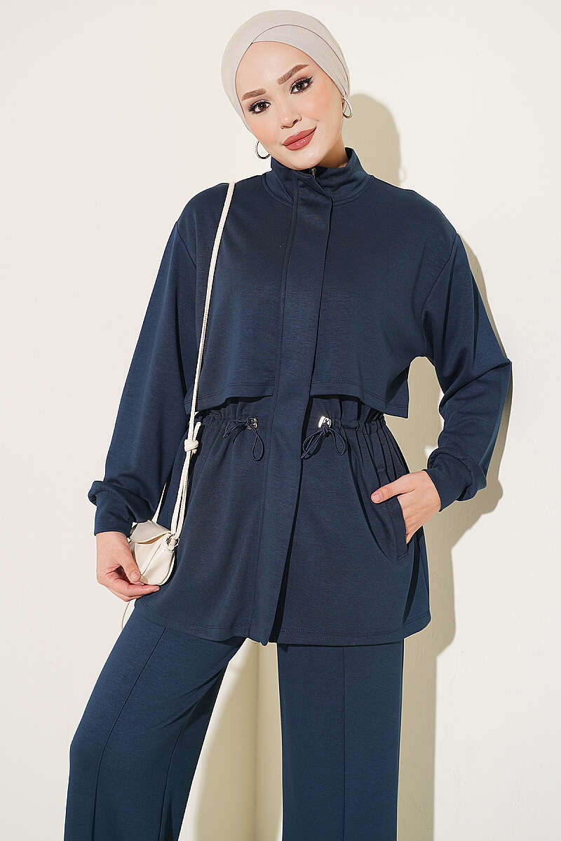 Zip-Up Two-Piece Set with Elastic Waist - Navy
