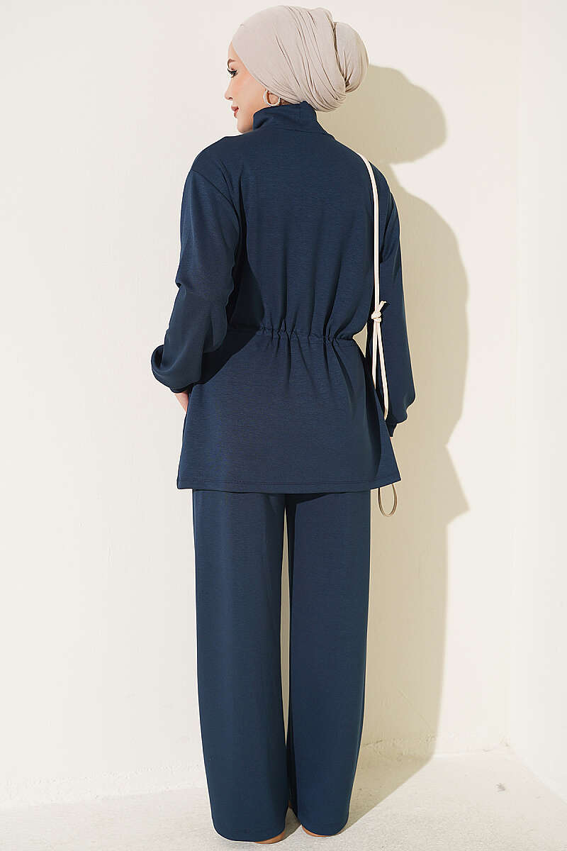 Zip-Up Two-Piece Set with Elastic Waist - Navy