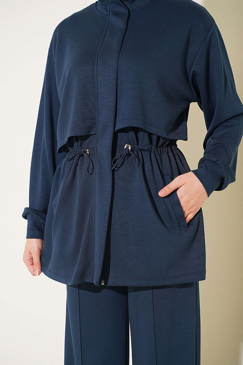 Zip-Up Two-Piece Set with Elastic Waist - Navy