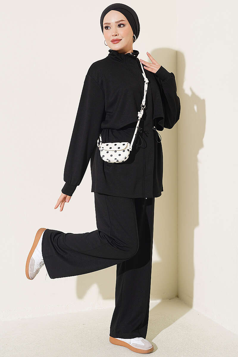 Zip-Up Two-Piece Set with Elastic Waist - Black