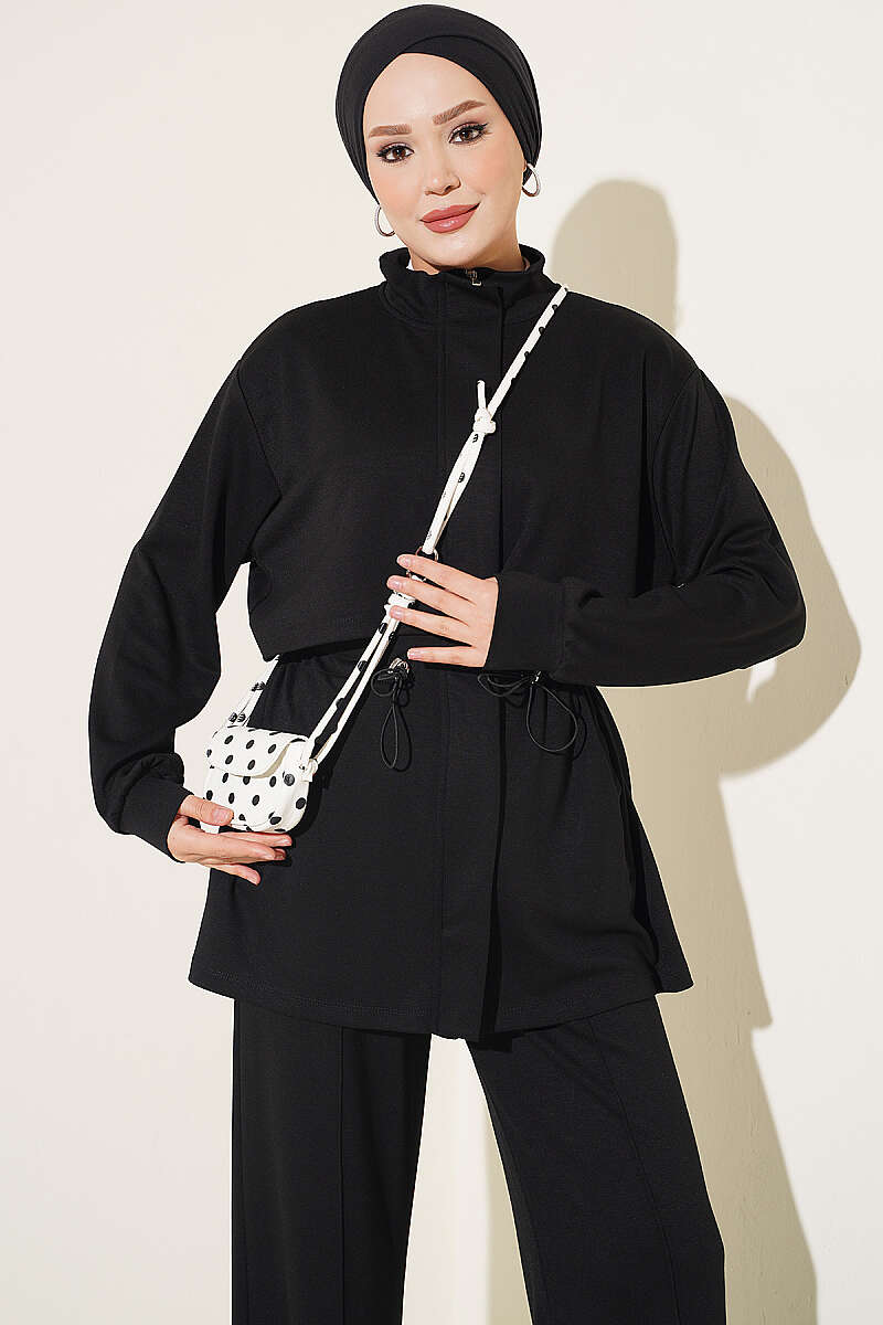 Zip-Up Two-Piece Set with Elastic Waist - Black