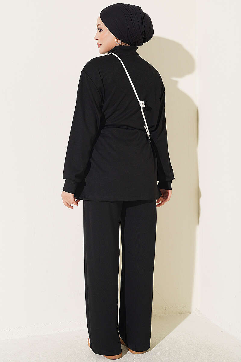 Zip-Up Two-Piece Set with Elastic Waist - Black