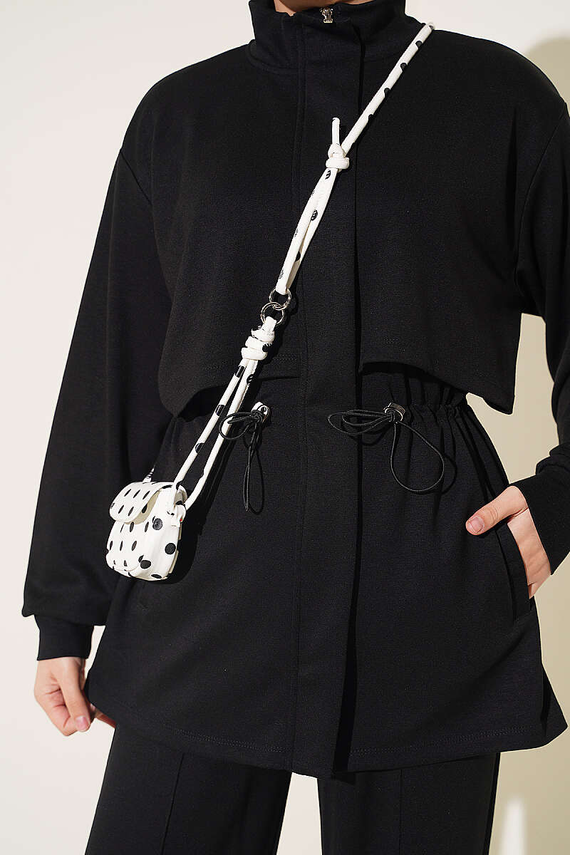 Zip-Up Two-Piece Set with Elastic Waist - Black