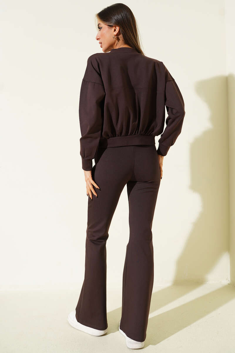Zip Two-Piece Set with Elastic Waist - Brown