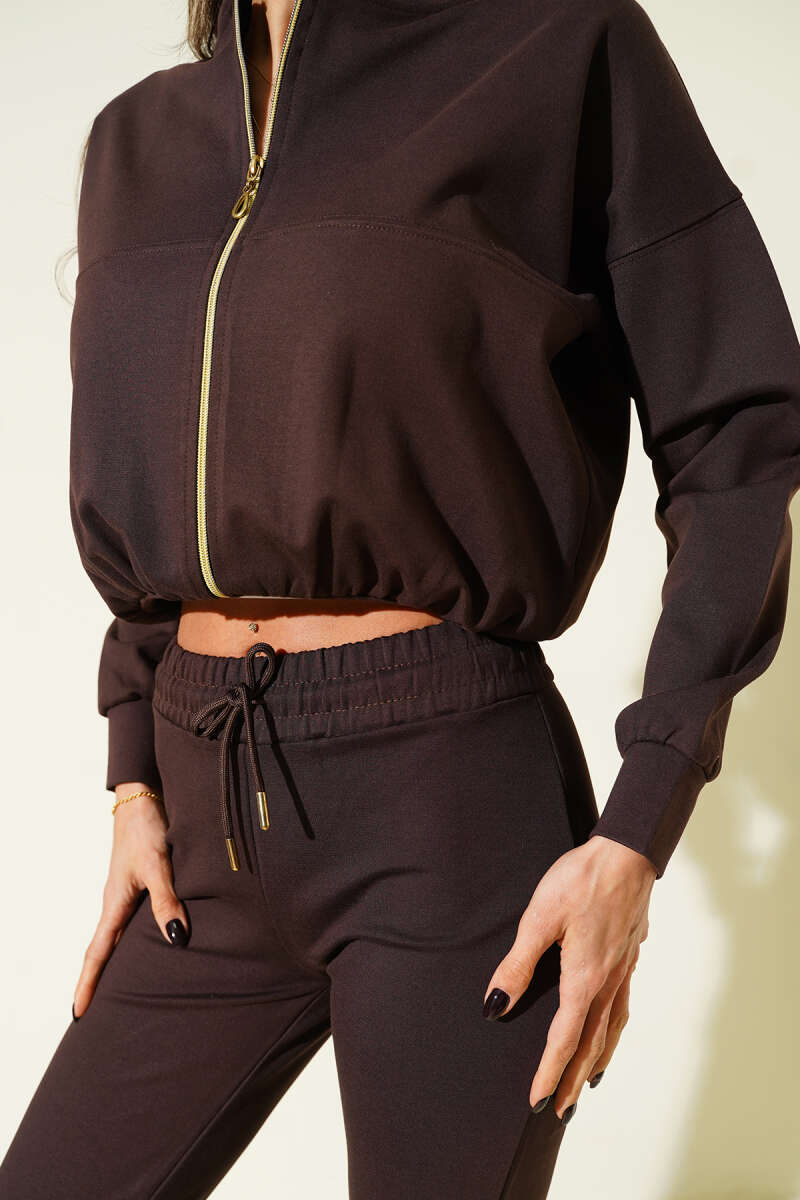 Zip Two-Piece Set with Elastic Waist - Brown