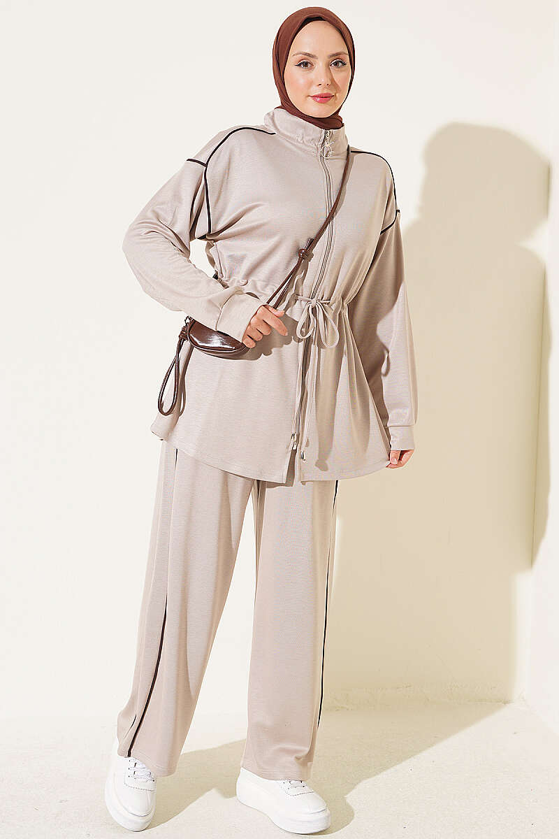 Zip-Up Two-Piece Set with Piping and Drawstring Waist - Beige
