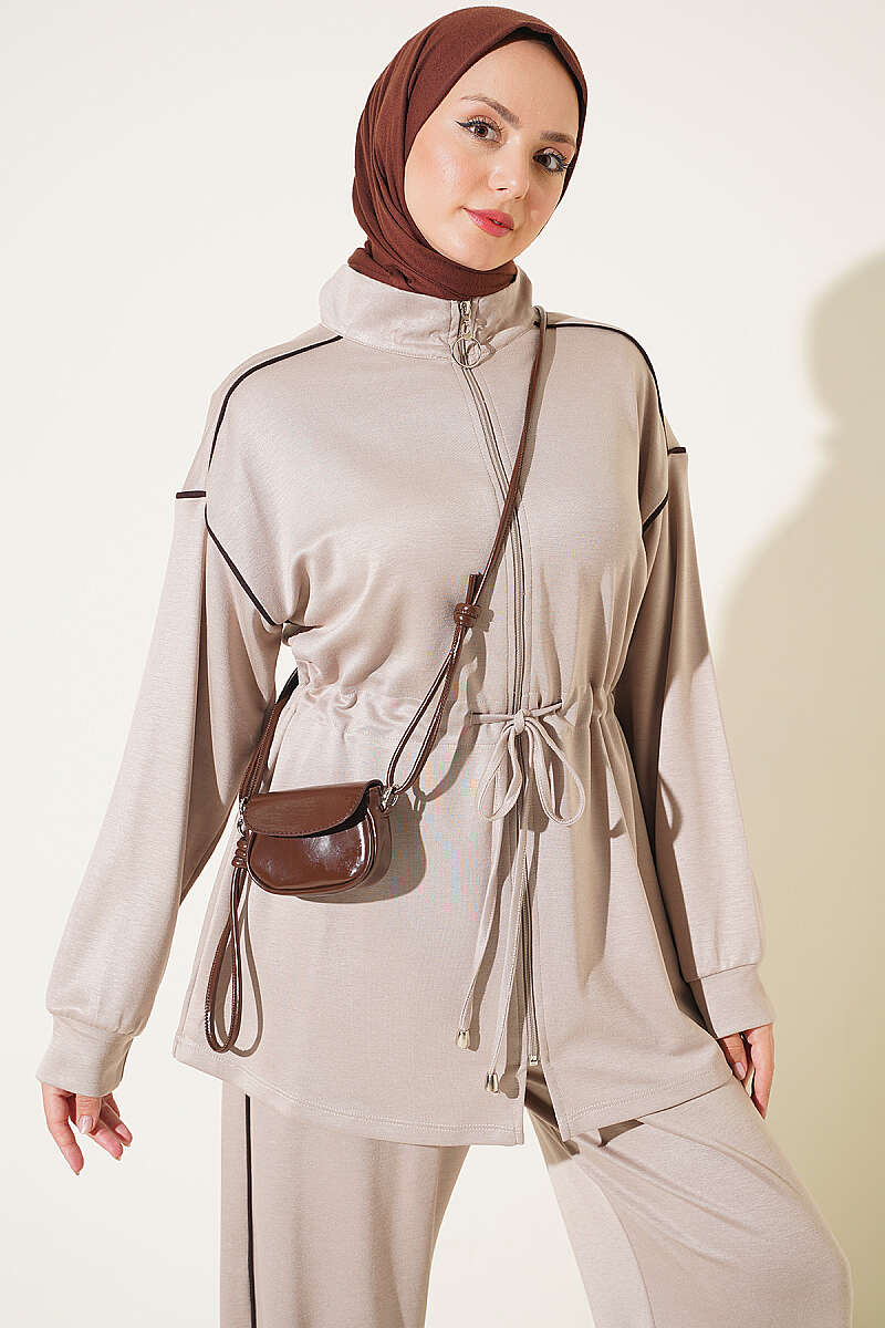 Zip-Up Two-Piece Set with Piping and Drawstring Waist - Beige