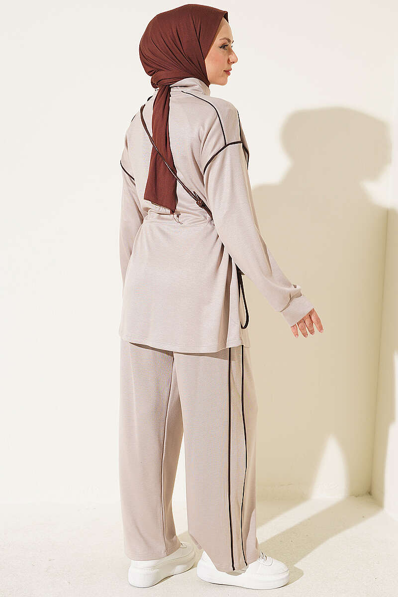 Zip-Up Two-Piece Set with Piping and Drawstring Waist - Beige