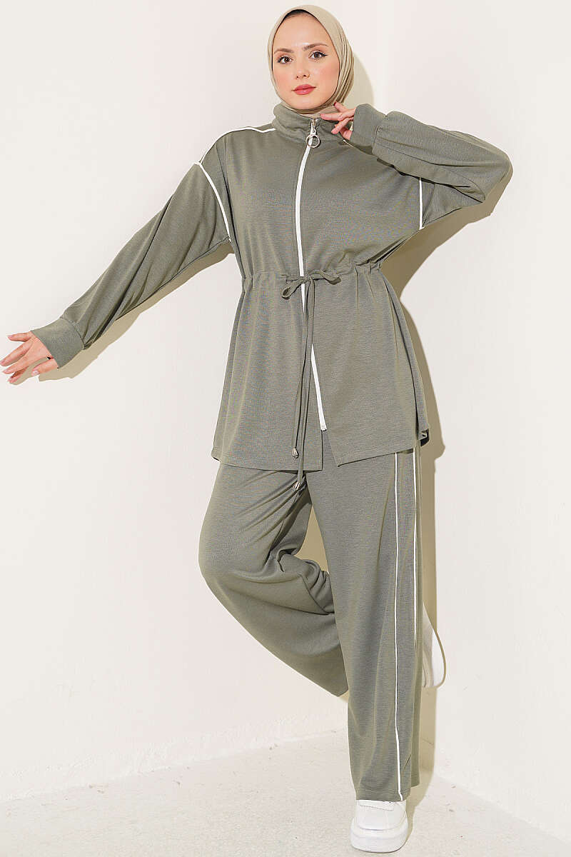 Zip-Up Two-Piece Set with Piping and Drawstring Waist - Almond Green