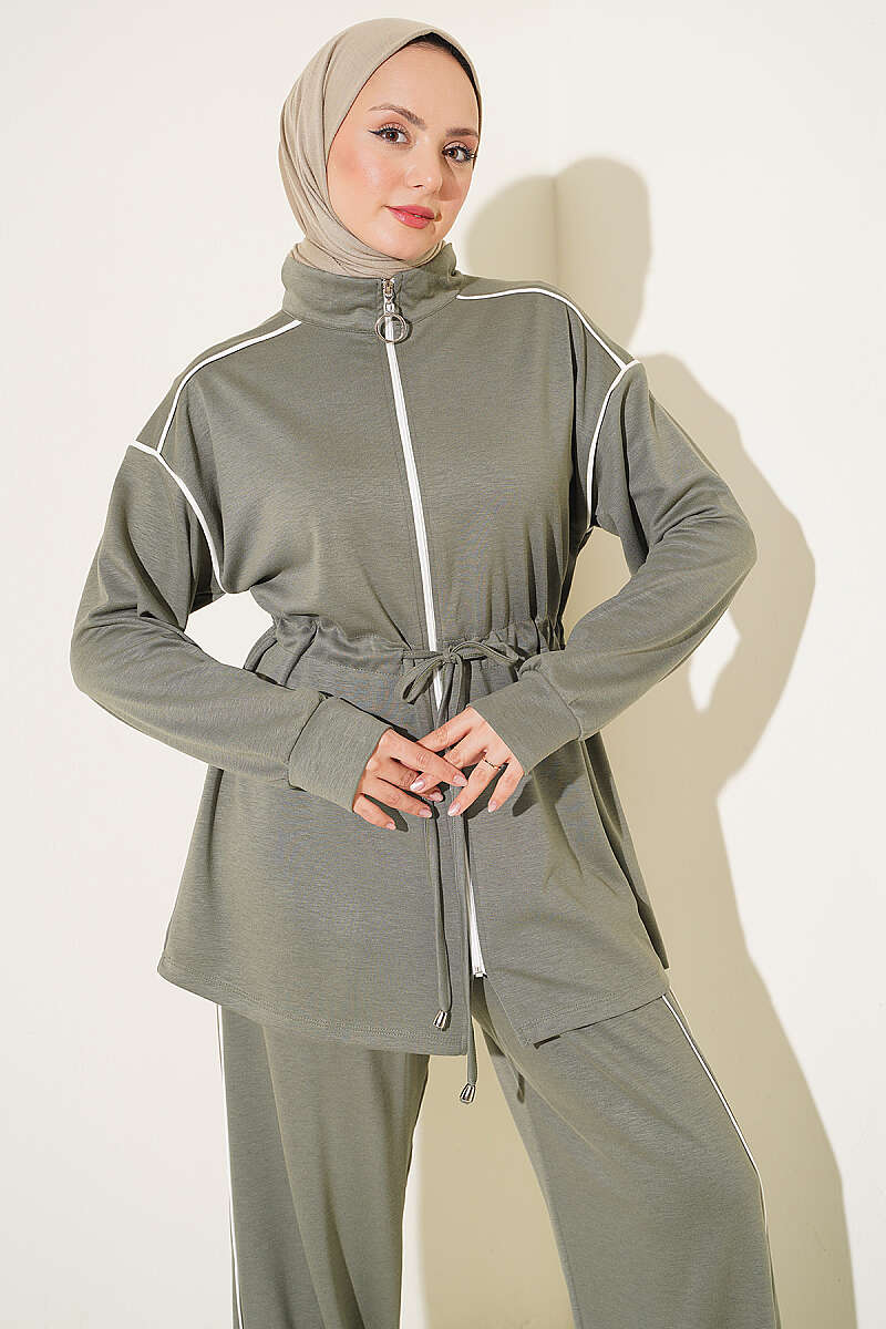 Zip-Up Two-Piece Set with Piping and Drawstring Waist - Almond Green