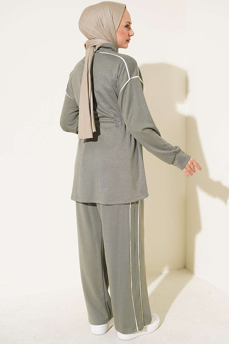Zip-Up Two-Piece Set with Piping and Drawstring Waist - Almond Green