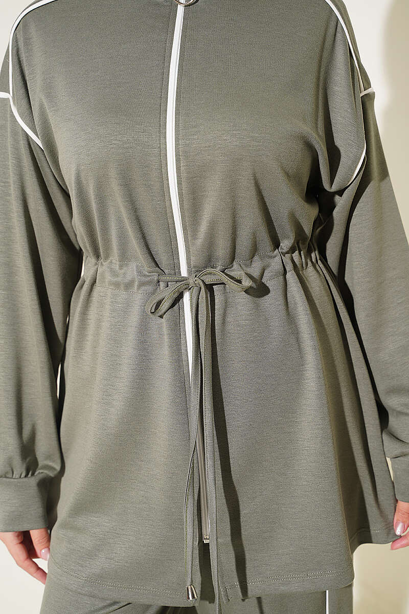 Zip-Up Two-Piece Set with Piping and Drawstring Waist - Almond Green