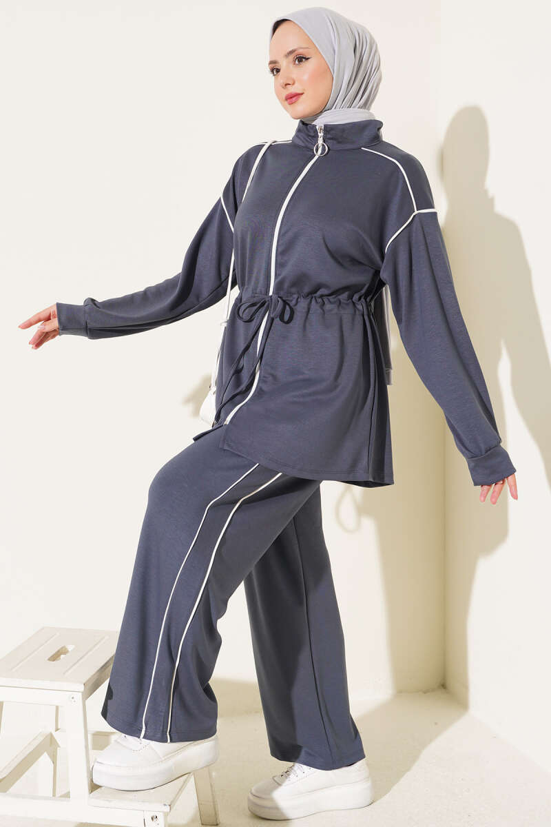 Zip-Up Two-Piece Set with Piping and Drawstring Waist - Smoke Grey