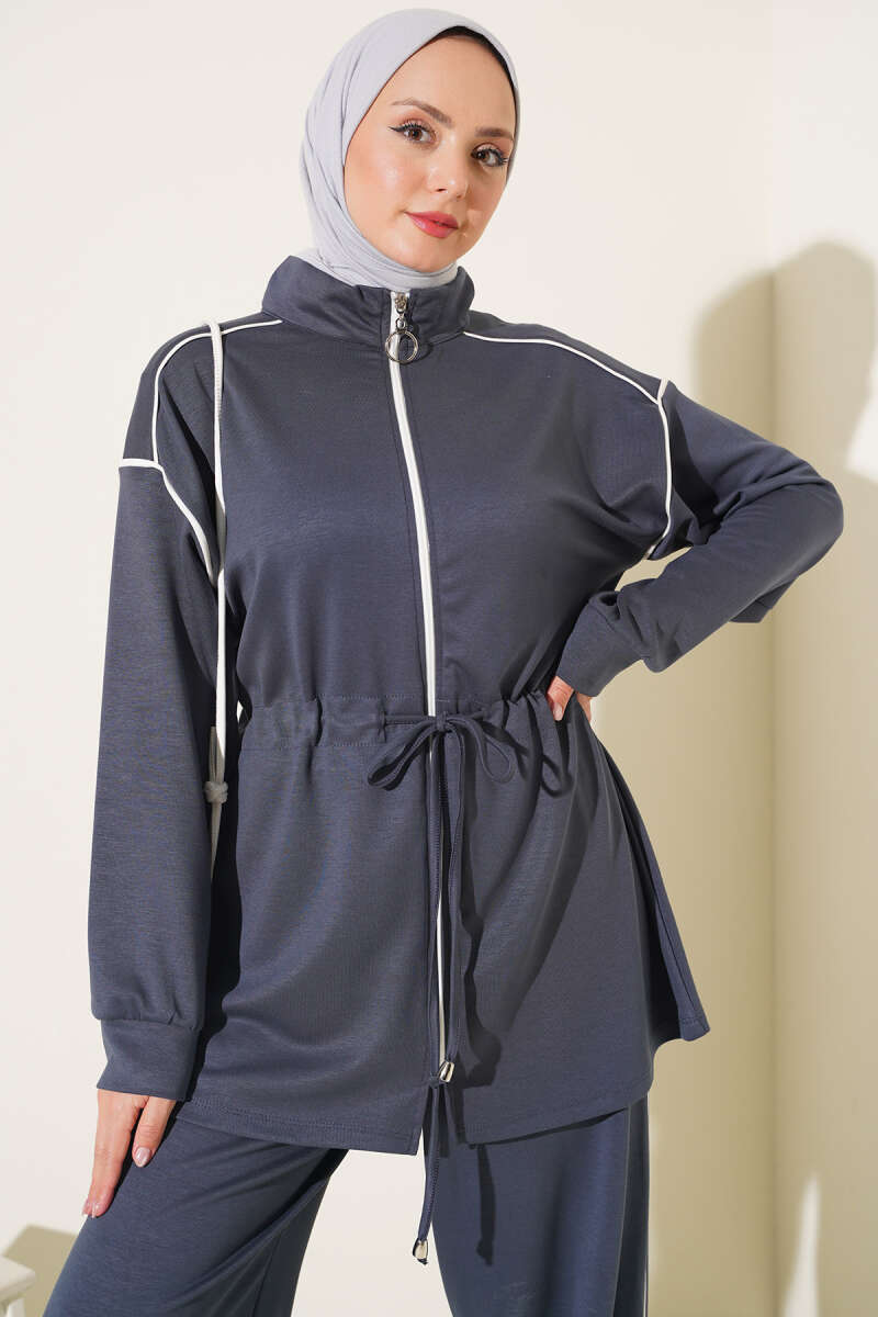 Zip-Up Two-Piece Set with Piping and Drawstring Waist - Smoke Grey