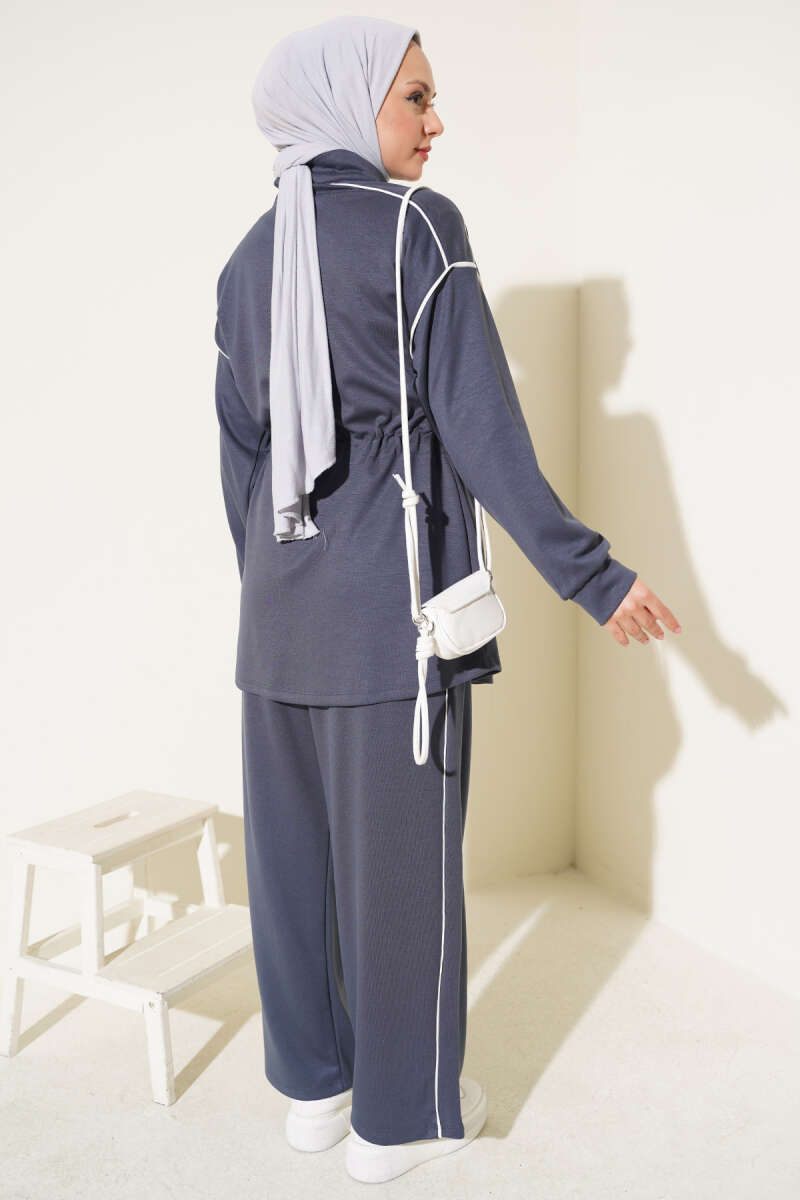 Zip-Up Two-Piece Set with Piping and Drawstring Waist - Smoke Grey