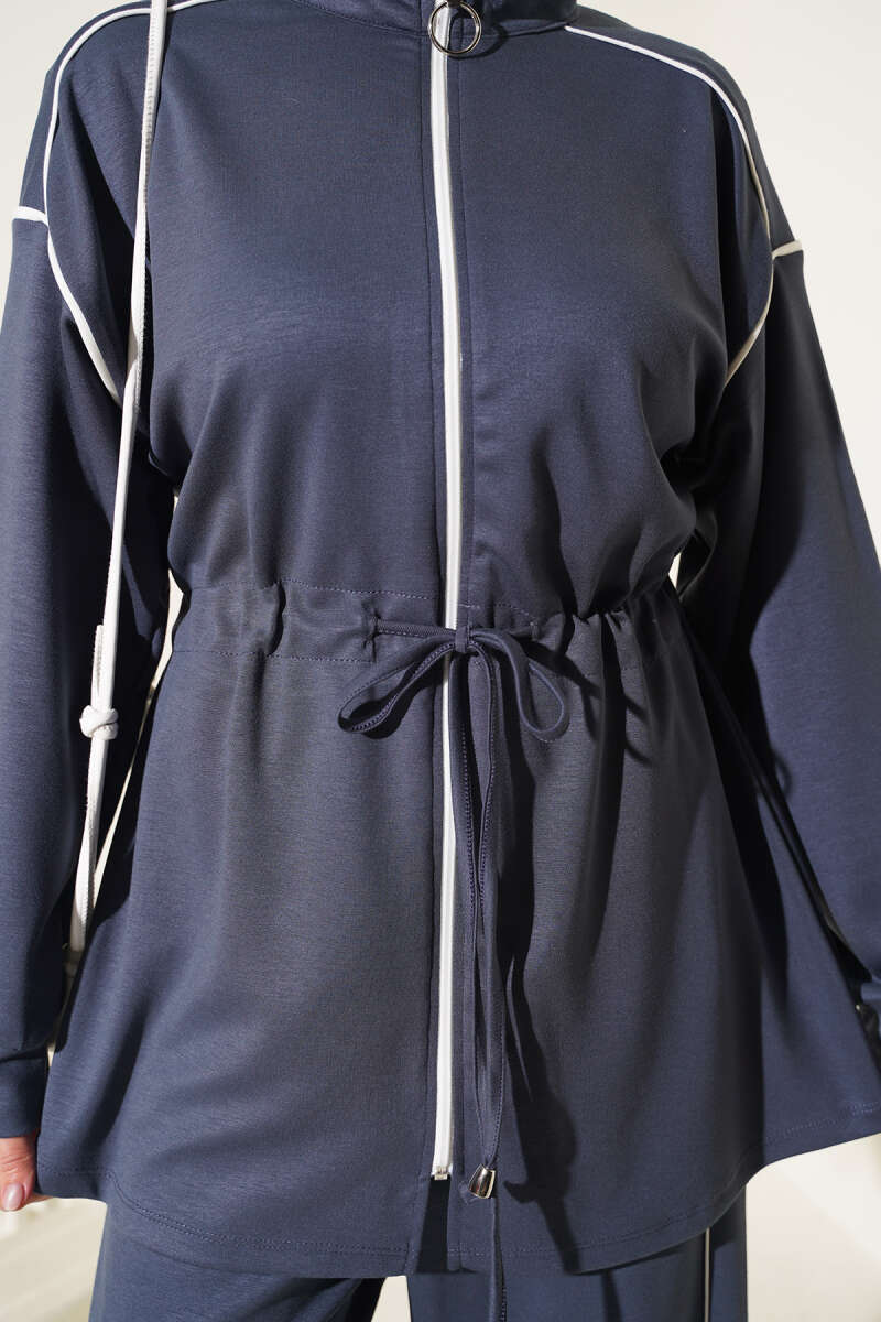 Zip-Up Two-Piece Set with Piping and Drawstring Waist - Smoke Grey