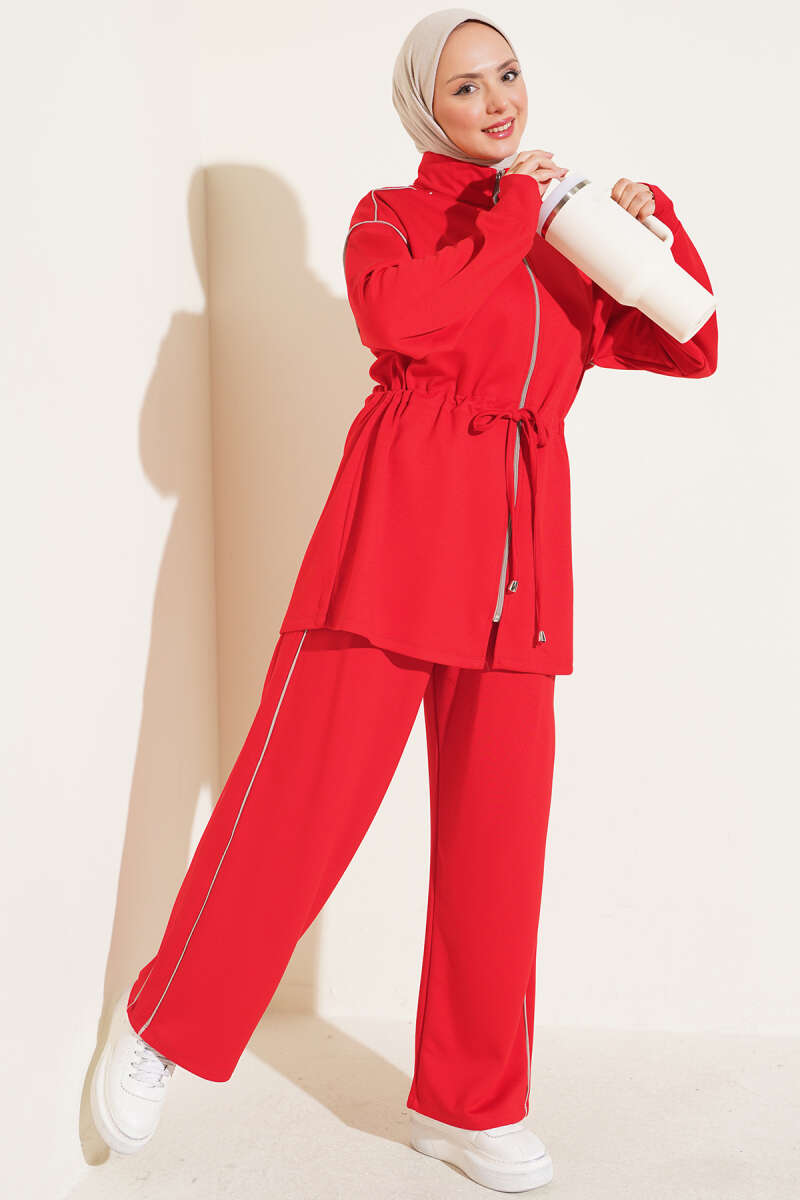 Zip-Up Two-Piece Set with Piping and Drawstring Waist - Red