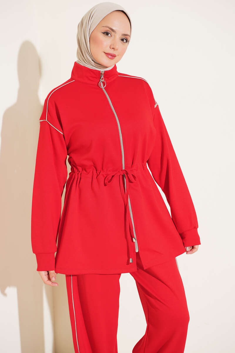 Zip-Up Two-Piece Set with Piping and Drawstring Waist - Red