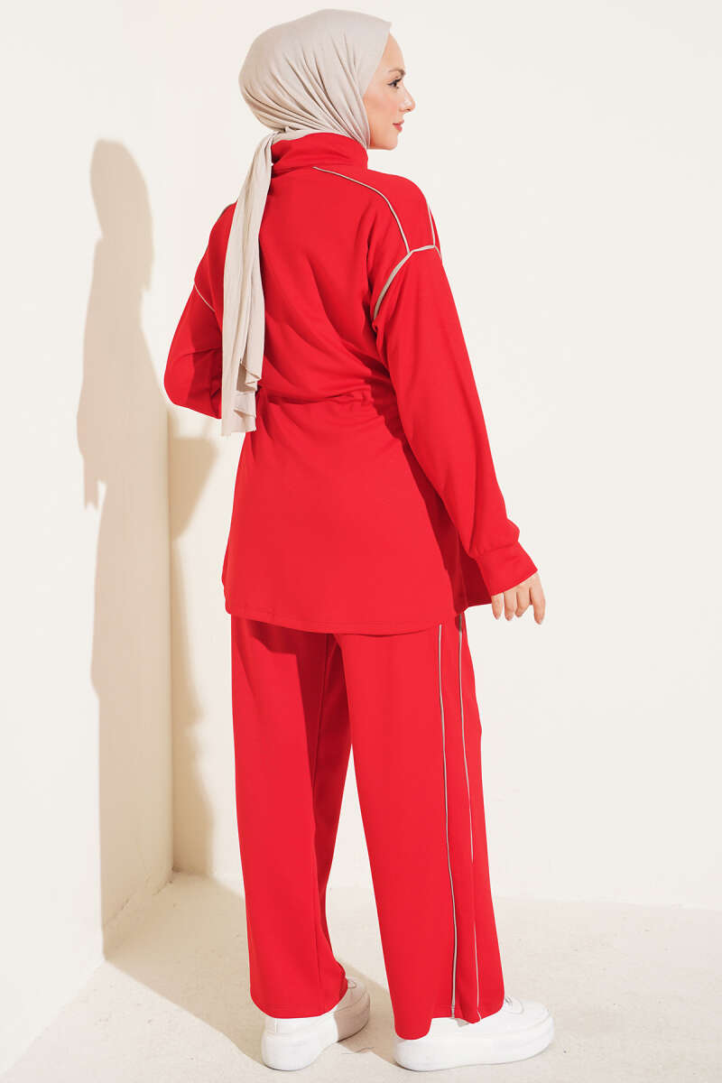 Zip-Up Two-Piece Set with Piping and Drawstring Waist - Red