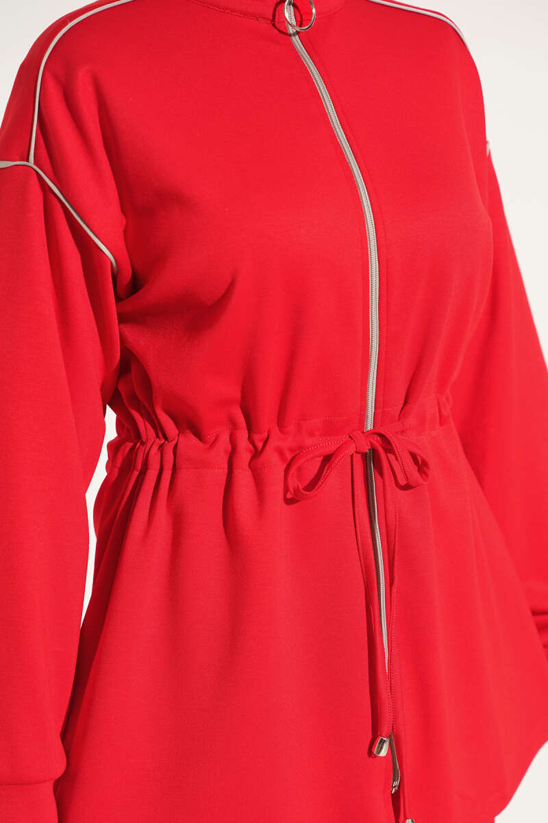 Zip-Up Two-Piece Set with Piping and Drawstring Waist - Red