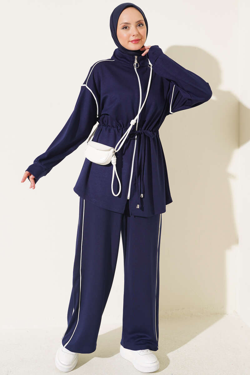 Zip-Up Two-Piece Set with Piping and Drawstring Waist - Navy