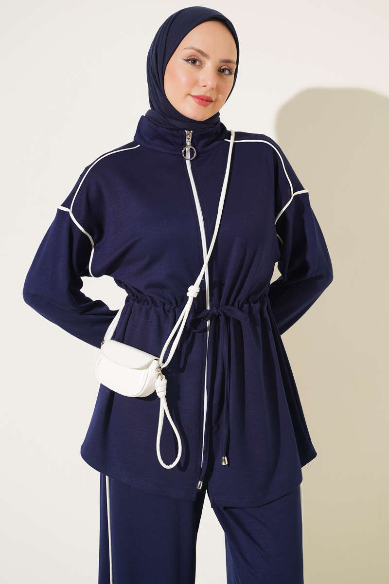 Zip-Up Two-Piece Set with Piping and Drawstring Waist - Navy