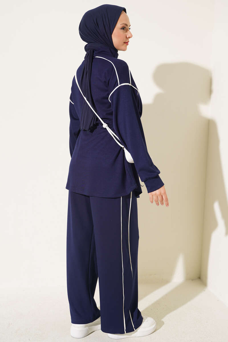 Zip-Up Two-Piece Set with Piping and Drawstring Waist - Navy