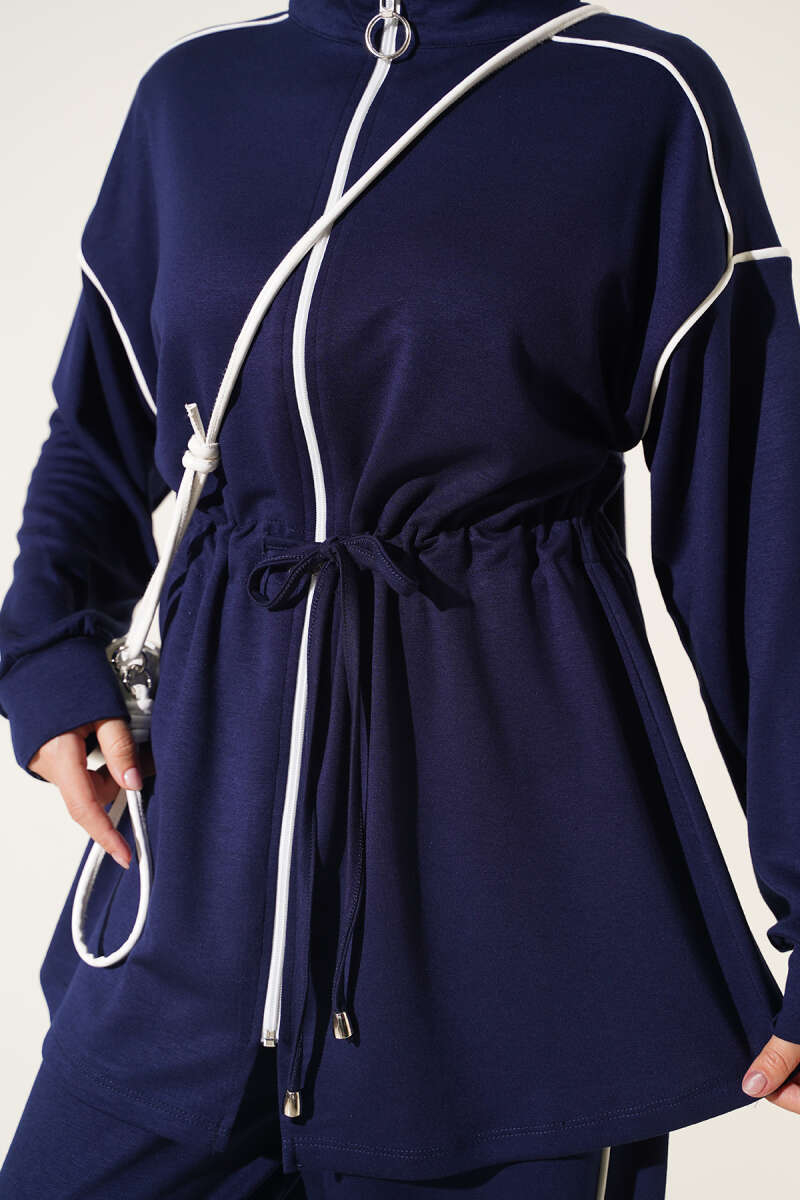 Zip-Up Two-Piece Set with Piping and Drawstring Waist - Navy