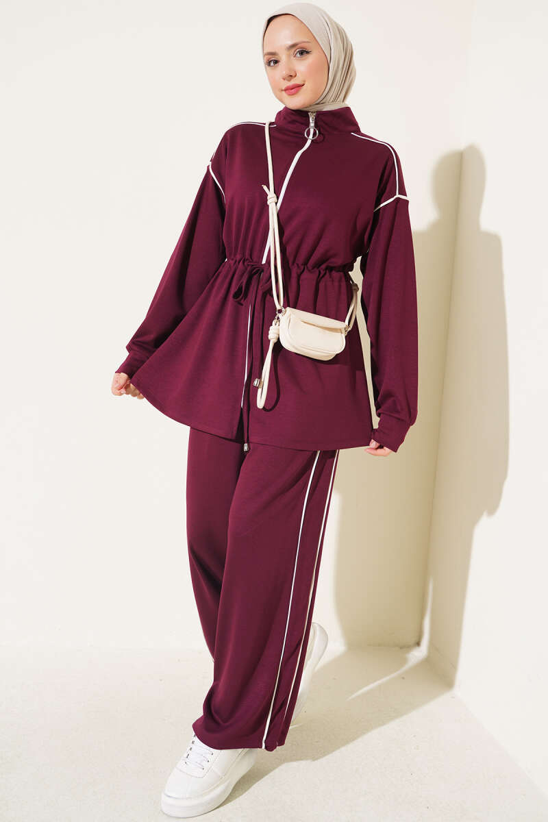 Zip-Up Two-Piece Set with Piping and Drawstring Waist - Plum