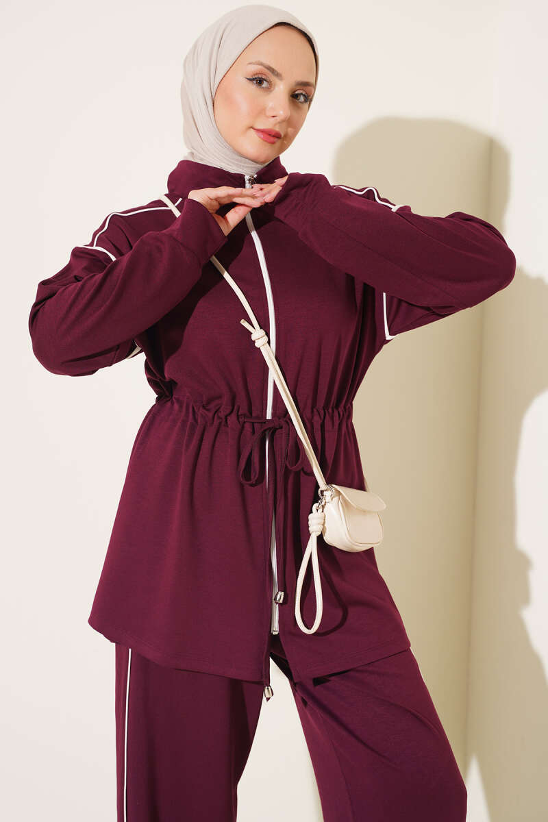 Zip-Up Two-Piece Set with Piping and Drawstring Waist - Plum