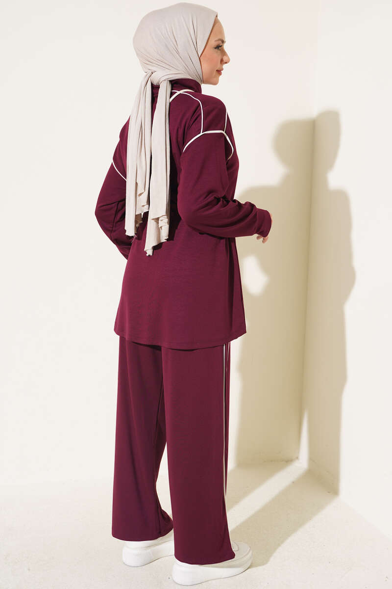 Zip-Up Two-Piece Set with Piping and Drawstring Waist - Plum