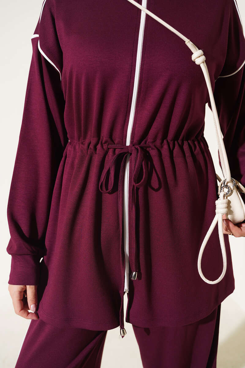 Zip-Up Two-Piece Set with Piping and Drawstring Waist - Plum
