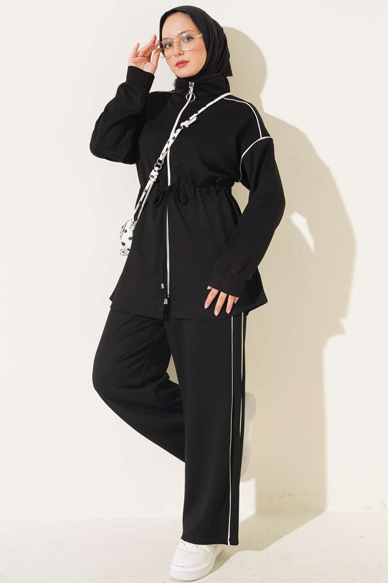 Zip-Up Two-Piece Set with Piping and Drawstring Waist - Black