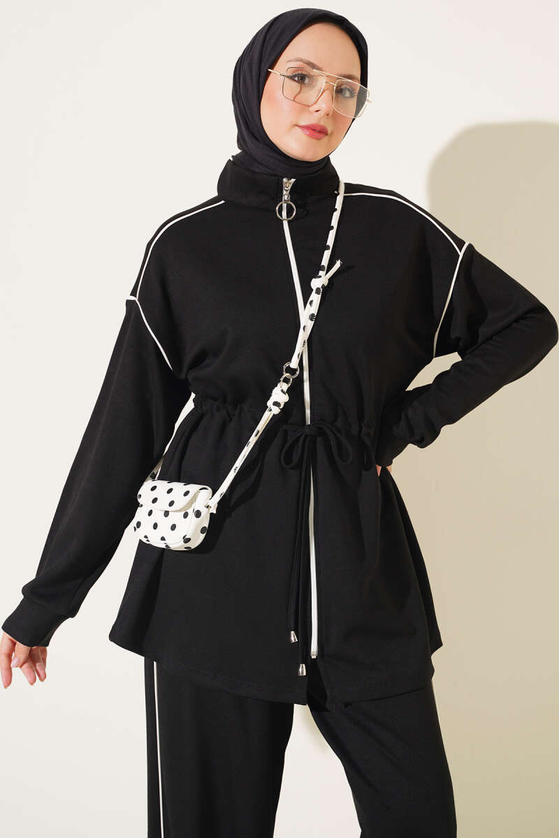 Zip-Up Two-Piece Set with Piping and Drawstring Waist - Black