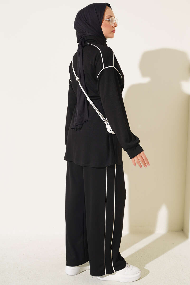 Zip-Up Two-Piece Set with Piping and Drawstring Waist - Black