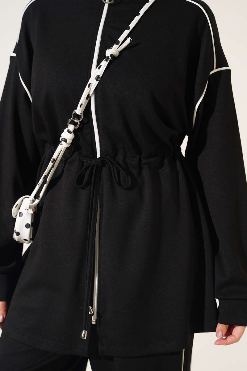 Zip-Up Two-Piece Set with Piping and Drawstring Waist - Black