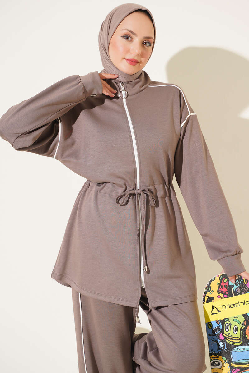 Zip-Up Two-Piece Set with Piping and Drawstring Waist - Mink