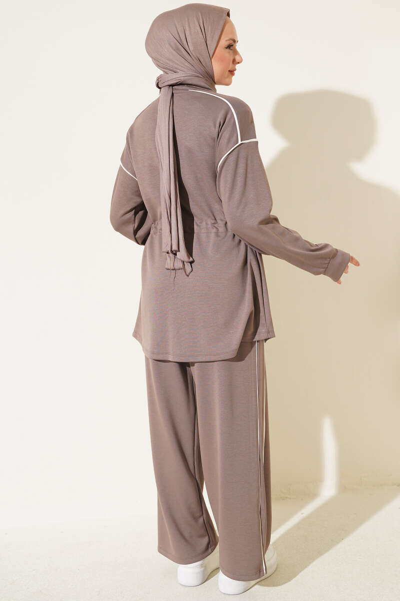 Zip-Up Two-Piece Set with Piping and Drawstring Waist - Mink