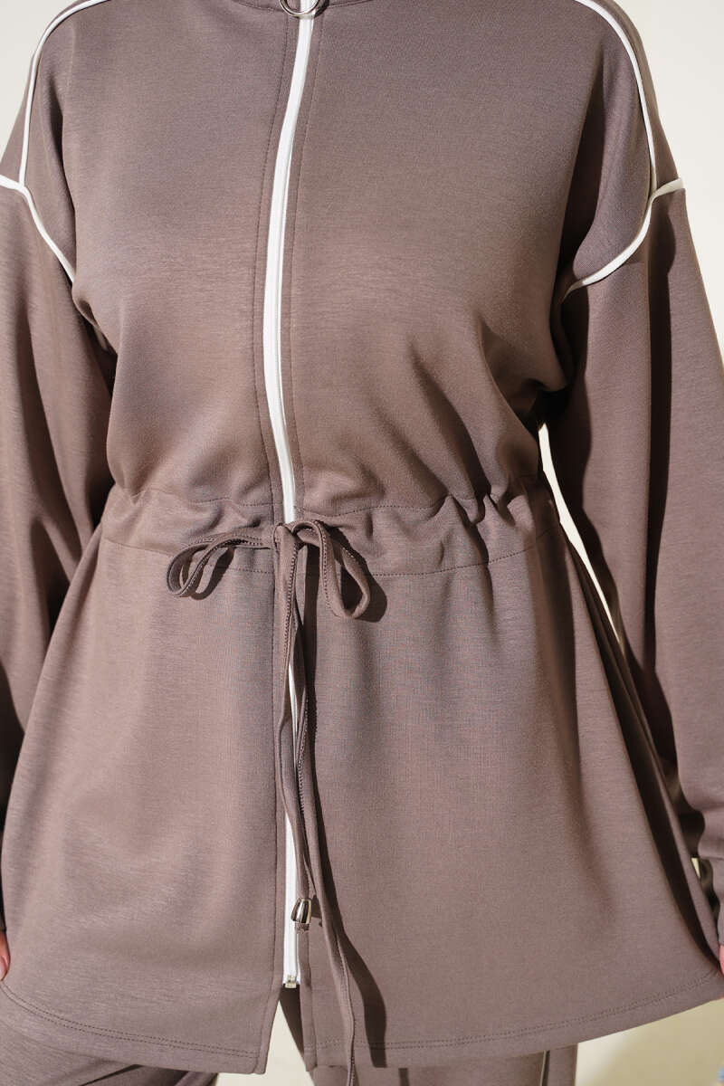 Zip-Up Two-Piece Set with Piping and Drawstring Waist - Mink